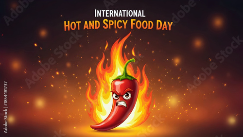 Angry Chilli with Fire Flames on Dark Background , Animated Illustration for International Hot and Spicy Food Day