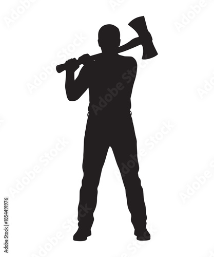 A silhouette of a man holding an axe over his shoulder, ready for work or action
