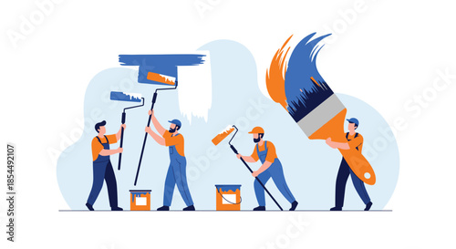 A team of professional painters in uniform works together to paint a wall with rollers and brushes, illustrating a renovation service.