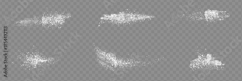 Sugar or salt powder piles set isolated on transparent background. Vector realistic illustration of white dry substance scattered on surface, ground food seasoning,