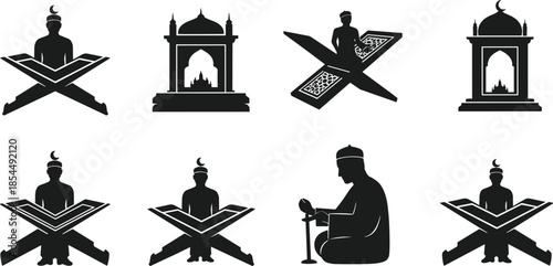 Islamic Worship Silhouettes with Quran Reading, Prayer Beads, Mosque Icons, Crescent Moons for Religious Culture and Vector Stock Illustration