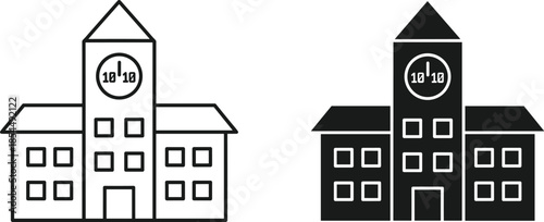 School Building Silhouette Icons with Clock Tower, Windows, and Architectural Details for Educational Design, Branding, and Vector Stock Illustration