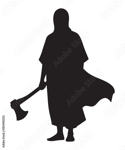 A menacing silhouette of a hooded figure holding a large axe, suitable for graphic design projects.