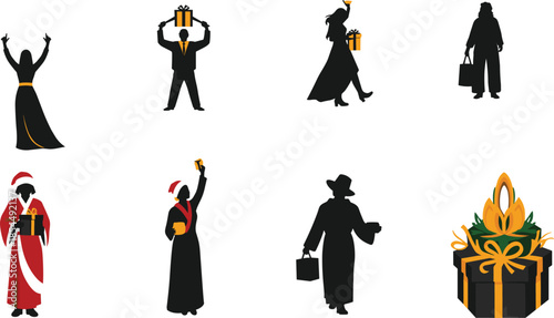 Festive Gift-Giving Silhouettes with Holiday Shopping, Santa Outfits, Gold Accents, and Celebration Scenes for Seasonal Vector Design and Stock Use