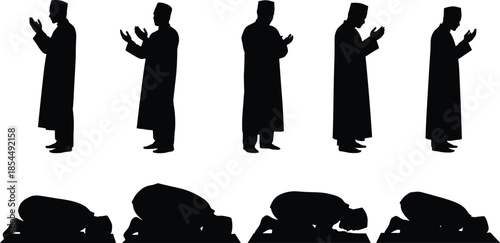 Islamic Prayer Silhouette Sequence Showing Salah Movements from Standing to Prostration for Religious Worship, Spiritual Devotion, and Vector Design