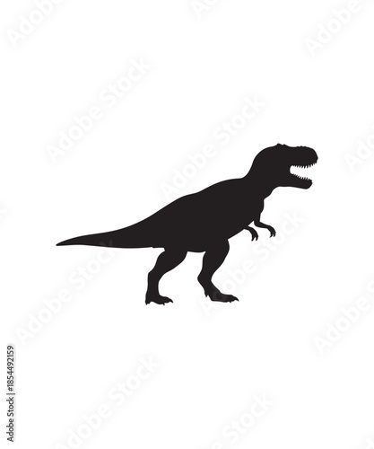 A striking black silhouette illustration of a tyrannosaurus rex on a clean white background