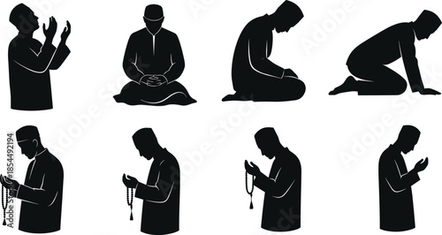 Islamic Prayer Silhouette Set Showing Salah Postures, Dhikr with Tasbih, Muslim Worship, Spiritual Devotion, and Religious Meditation Icons
