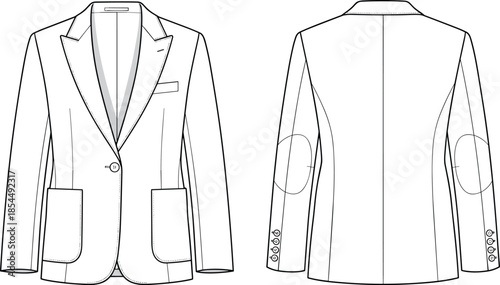 PrintTechnical Flat Sketch of Men's Tailored Blazer with Peak Lapels, Elbow Patches, Patch Pockets, and Four-Button Cuffs for Apparel Design