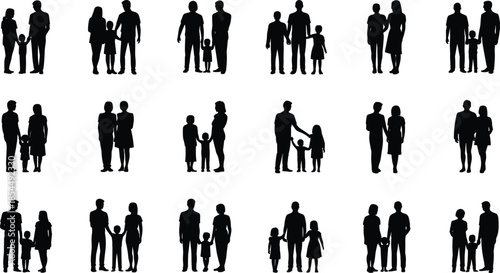 Family silhouettes set, parents and children standing together, happy family groups, people icons collection, isolated black figures on white background illustration