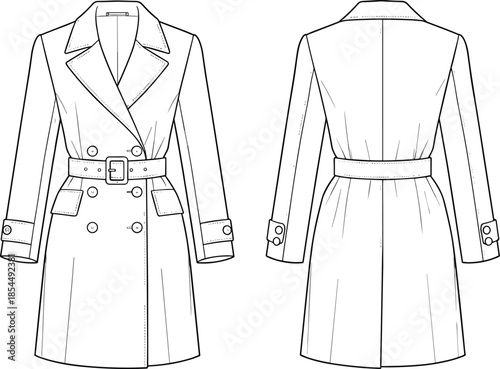 PrintTechnical Flat Sketch of Women's Double Breasted Trench Coat with Belted Waist, Notch Lapel, Flap Pockets, and Cuffed Sleeves Detail