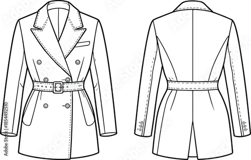PrintTechnical Flat Sketch of Women's Tailored Double Breasted Trench Coat with Belted Waist, Notch Lapel, and Flap Pockets for Design