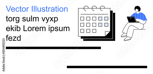 Time management, productivity, remote work, scheduling tools, organization, online learning. Calendar icon and person using a laptop. Time management and remote work