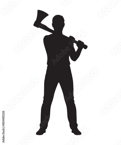 Full-body black silhouette of a lumberjack holding an axe over his shoulder, prepared for chopping wood