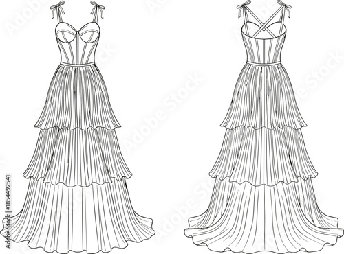 PrintTechnical Flat Sketch of Women's Tiered Maxi Dress with Corset Bodice and Canvas Tote Bag with Front Pocket for Design