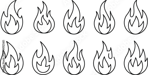Minimal flame icon set, hand drawn fire symbols collection, outline burning shapes, simple line art flames, vector style illustration, isolated white background, design elements