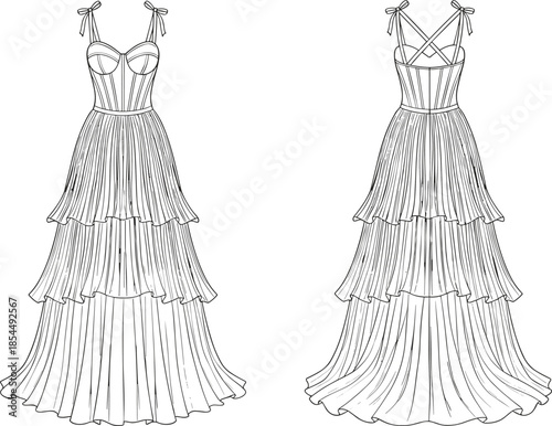 PrintTechnical Flat Sketch of Women's Tiered Maxi Dress with Corset Bodice, Bow Shoulder Straps, Sweetheart Neckline, and Triple Layered Skirt