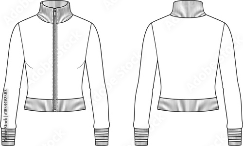 PrintWomen zipped track jacket technical flat sketch, long sleeve fleece bomber sweatshirt template, fashion vector illustration, front and back views.