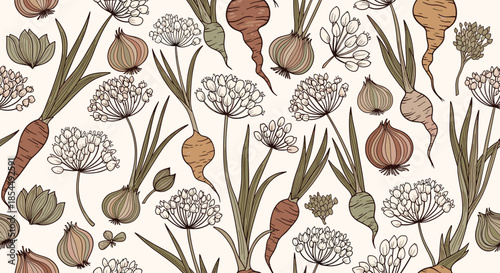 A seamless pattern of hand-drawn root vegetables and blooming onions in earthy tones, creating a rustic and organic food-themed background.