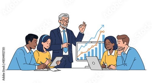 Experienced male business leader mentoring a diverse team of professionals during a presentation on company growth and success.