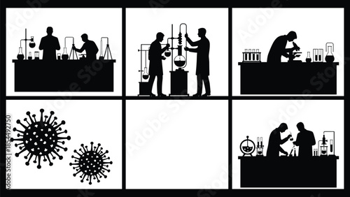 Silhouette laboratory scientists researching virus, medical research experiment, pharmaceutical science teamwork, biotechnology lab analysis, healthcare innovation, scientific discovery, 