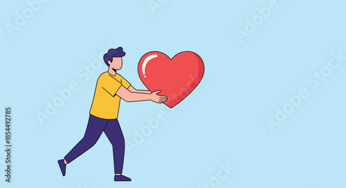 Man in a yellow shirt carrying a large red heart, symbolizing love, charity, donation, and emotional support on a blue background.