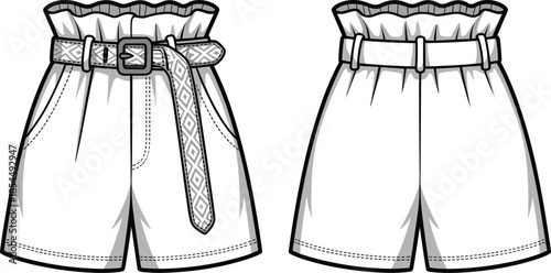 Women paperbag waist shorts fashion technical illustration, front and back view, belted summer clothing design sketch, casual apparel flat drawing vector style