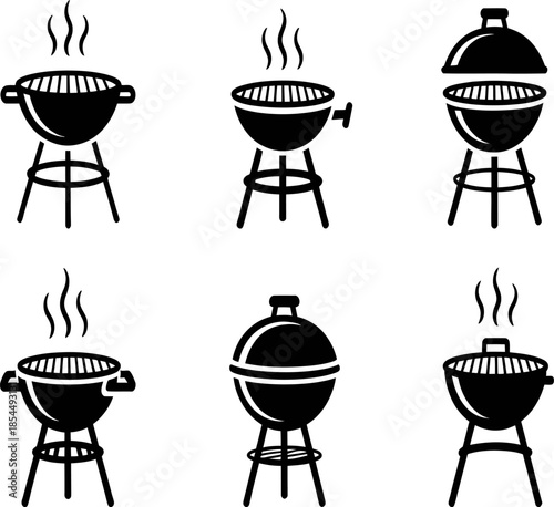 Black and white illustration depicting various styles of barbecue grills