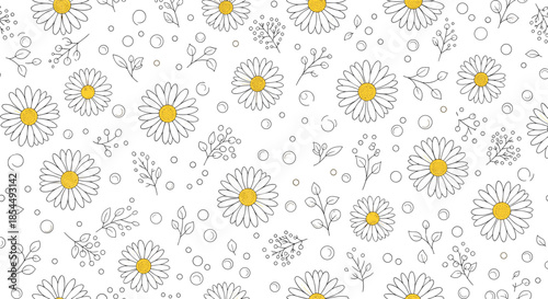Seamless pattern of hand-drawn daisies with sparkling gold glitter centers on a white background for a chic and elegant design.