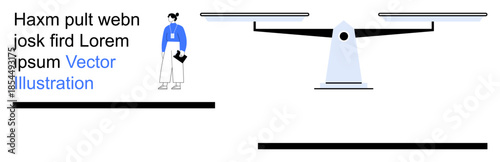 Justice, decision-making, equality, business concepts, legal, professional judgment. Scale s balance beside a figure holding a clipboard. Justice and decision-making visually