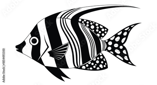 Stylized black and white tropical angelfish with decorative stripes and spots, designed for logos, icons, or coloring pages.
