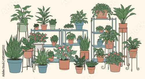 A collection of various hand-drawn indoor plants in decorative pots and stands, creating a cozy urban jungle illustration.