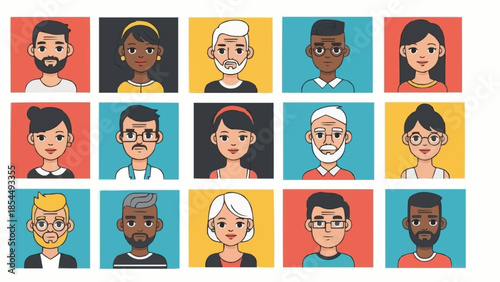 Diverse group of people portraits in colorful squares.