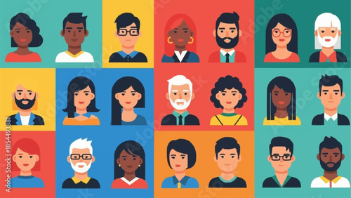 Diverse Group of People Portraits in Flat Design Style.