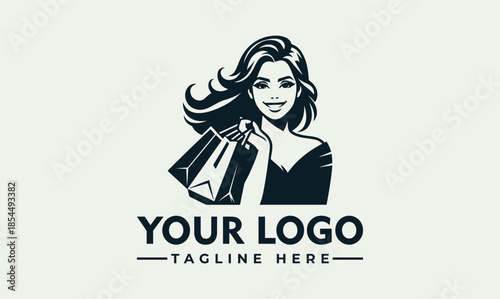 Vector logo design featuring a woman holding a shopping bag on a light green background with a placeholder text for a brand name and tagline.