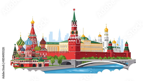 Moscow Kremlin & St. Basil's Cathedral Vector Illustration. Iconic Russian Landmark, Red Square, Moscow Cityscape, Travel Russia.