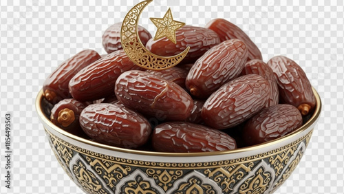A bowl of dates with a gold crescent moon and star on top