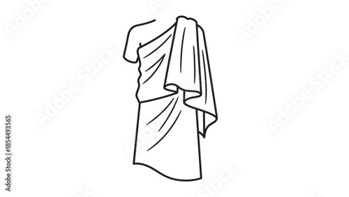 A black and white line drawing of a draped garment on a