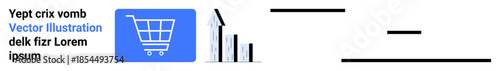 E-commerce, marketing, shopping online, growth analysis, business success, digital retail. Shopping cart icon with bar chart showing growth trend. E-commerce and marketing concepts