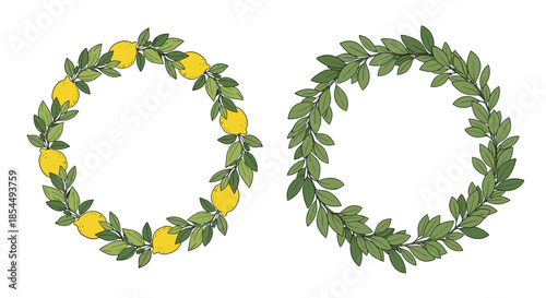 A set of two circular hand-drawn wreaths, one with lemons and leaves and the other with only green bay leaves.