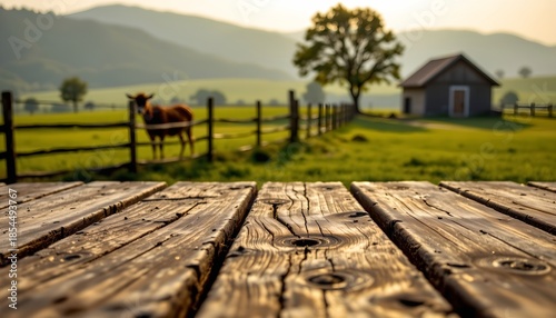 Weathered Wood Foreground with Serene Pastoral Background