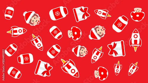 Santa faces rockets bells mushrooms and snowflake containers on red 4K pattern video