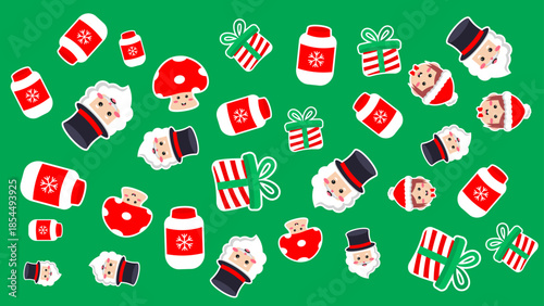 Christmasy cartoon icons of santa gifts and mushroom on green 4K pattern video
