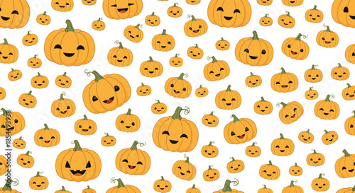 A seamless and fun Halloween pattern of cute, smiling kawaii-style cartoon pumpkins with various expressions on a white background.