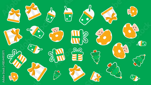 Christmas gifts trees baby donuts and drinks on green 4K pattern video