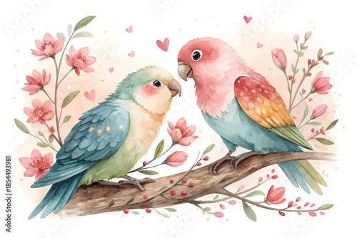 Cute Love Birds Watercolor Valentine vector illustration isolated on white background