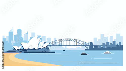 Iconic Sydney Skyline: Opera House, Harbour Bridge & Cityscape. Flat Vector Illustration for Travel & Tourism