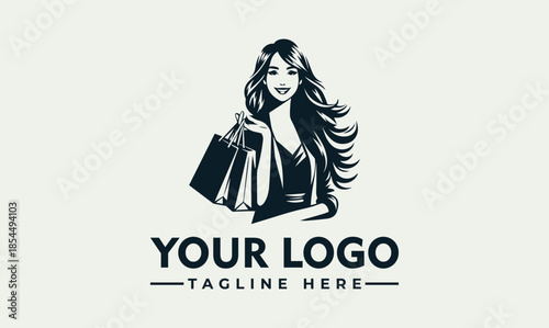 A vector illustration of a woman holding shopping bags with a logo and tagline on a clean white background.