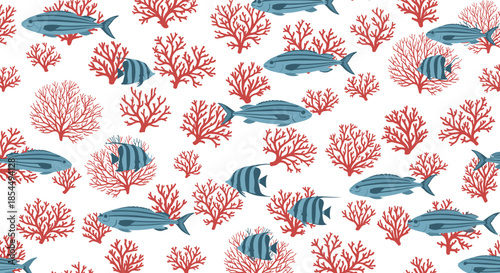 A seamless underwater pattern featuring blue striped fish and red coral on a clean white background for a marine-themed design.