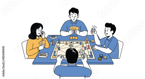A group of four happy friends sitting around a table, laughing and playing a board game together on a weekend evening.