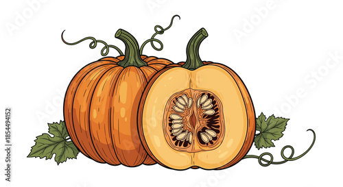 A detailed vintage-style illustration of a whole pumpkin and a half pumpkin showing the seeds and flesh inside with leaves.
